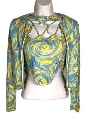 House of Sunny Peggy Cardigan & Cypress Vest Set Green Cucumber Swirl 2 Y2K